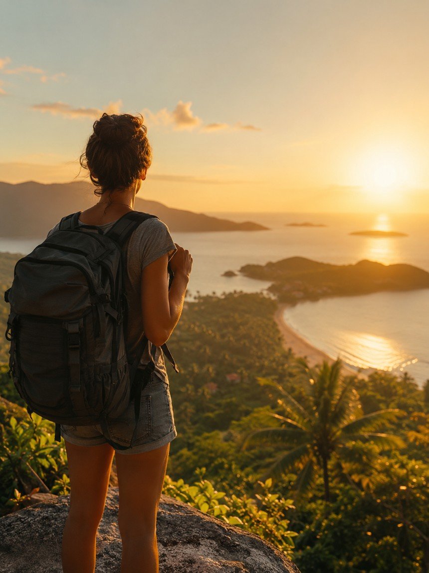 Viajante com mochila admirando um litoral tropical ao entardecer